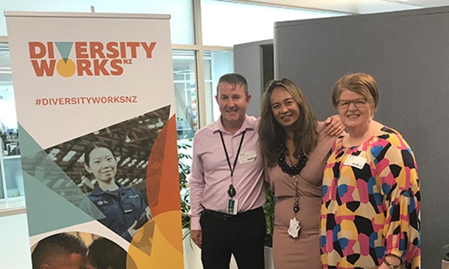 Diversity in action meeting - photo of the three speakers from Vector Limited: Paul McCloskey, Teina Teariki Mana, Fiona Michelle