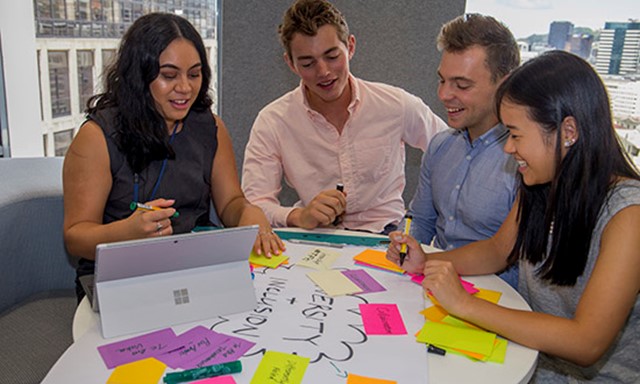 Group of people working together with post-it notes
