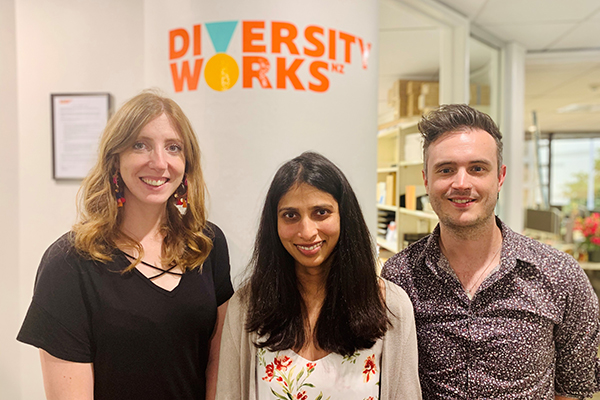 Photo of Diversity Works New Zealand’s new team members, from left, Milica van Leeuwen Bobic, Sonarli Jayaweera and Pete Mercer.